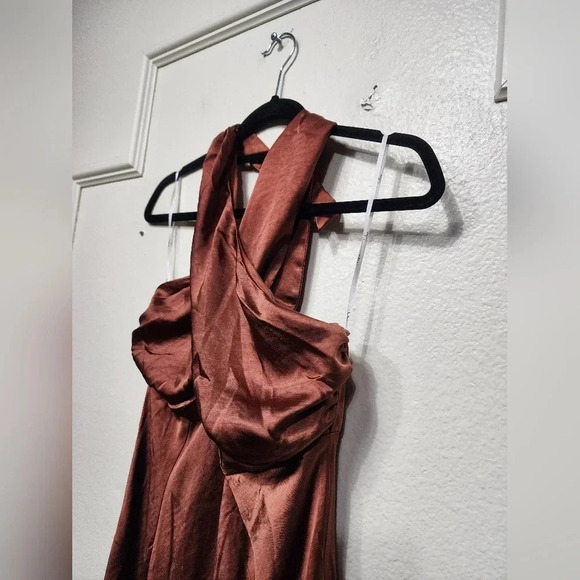 Lulu's Start of Forever Brown Satin Halter Mermaid Maxi Dress Wedding Party - Picture 8 of 12
